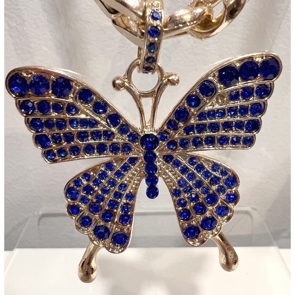 Jennifer & Co Gold NWT Chunky Rhinestone Chain Necklace Blue Butterfly Pendant - Picture 8 of 11